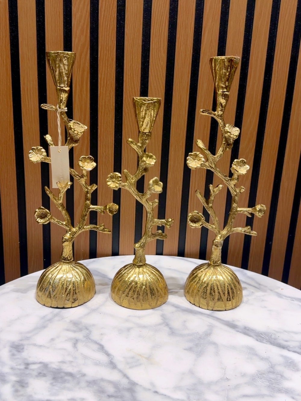Gold Floral Branch Candle Holders - Set of 3